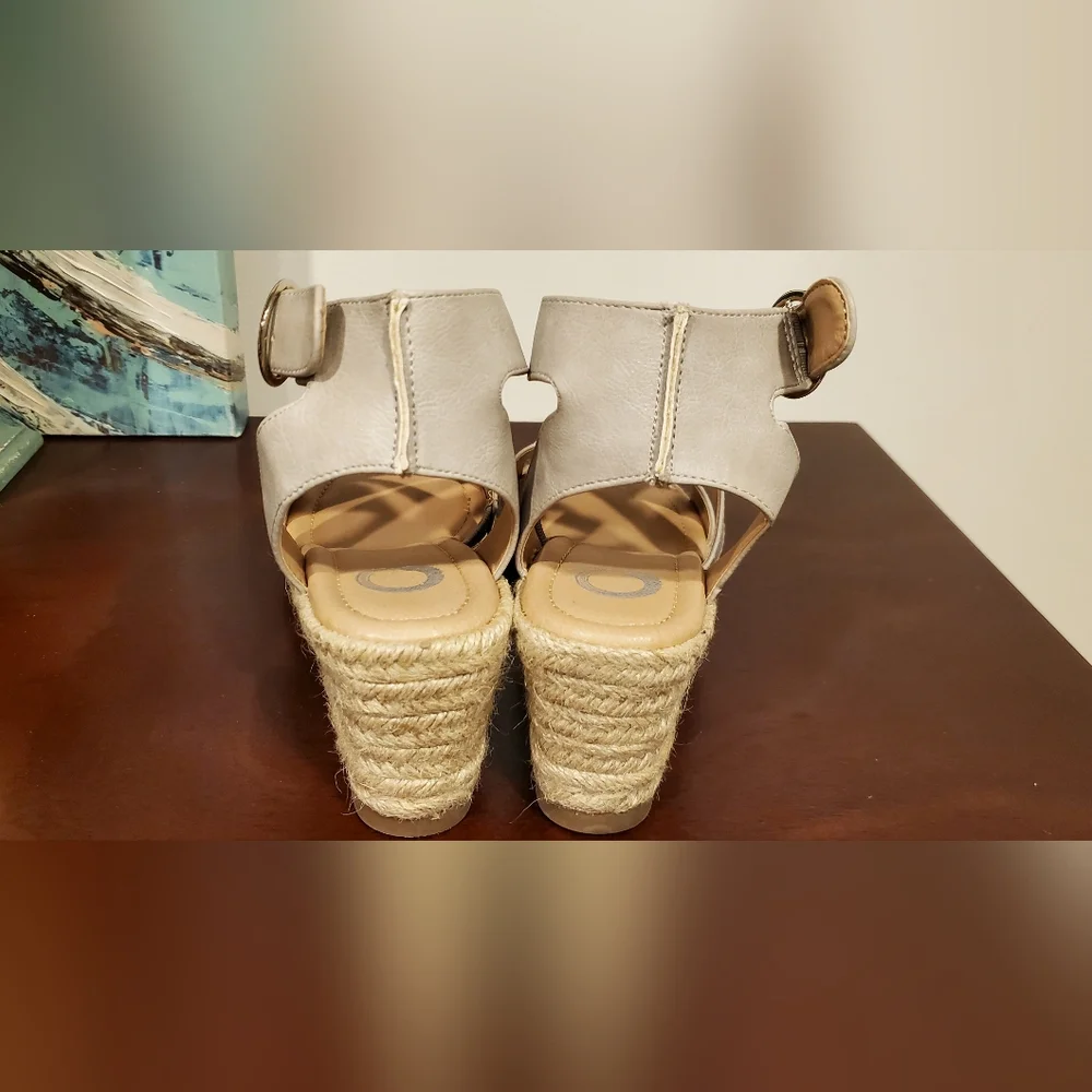 Cream/ Beige Espadrille Wedge Sandals with Adjustable Ankle Strap, Size 6.5